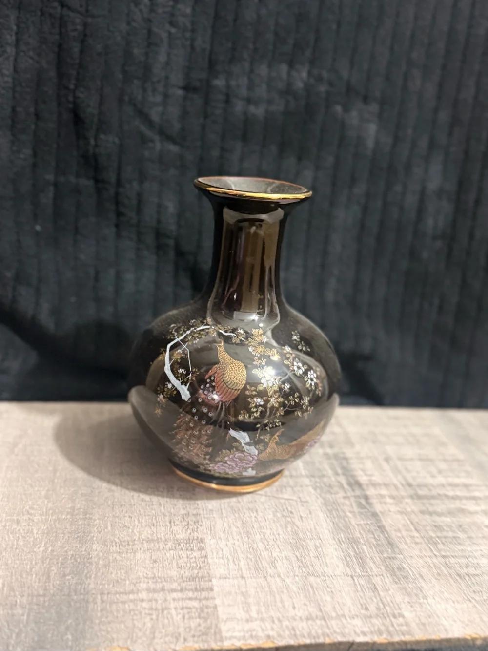 Japanese Black Decorative Porcelain Vase with Gold and Multicolor Peacock Motif